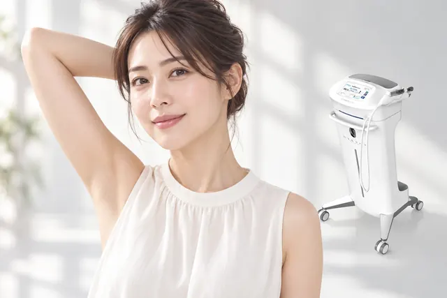 腕を上げた白い服の女性モデルと機器