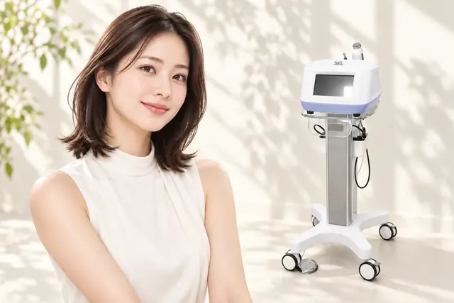 ケアシスの導入機器と白い服の女性モデル