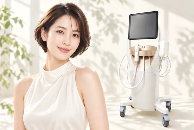 デンシティの高周波機器と白い服の女性モデル