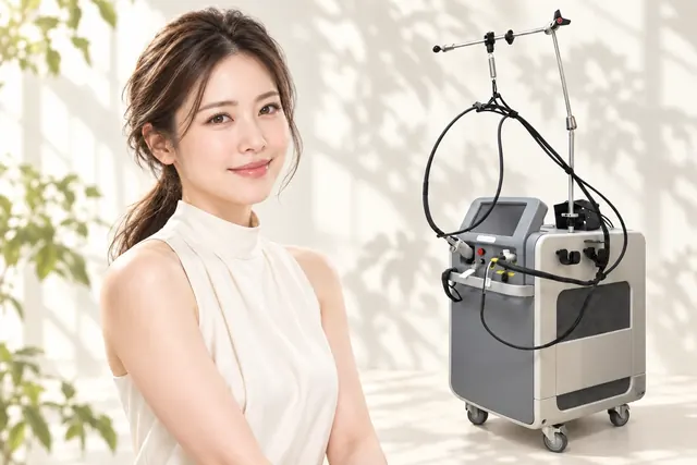 白い服の女性モデルと医療脱毛のレーザー機器