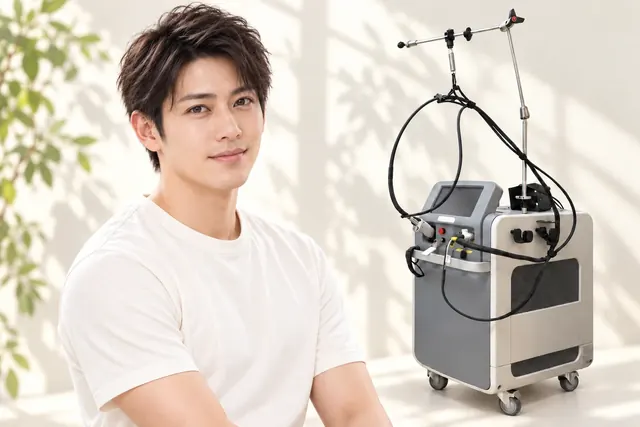 白いシャツの男性モデルと医療脱毛のレーザー機器