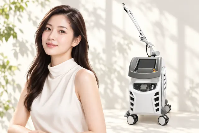 ルビーレーザーの機器と白い服の女性モデル