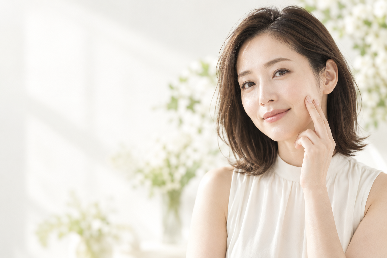 自然光の中で肌に触れる女性