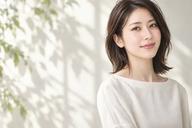 自然光と葉の影を背景にした白い服の女性モデル