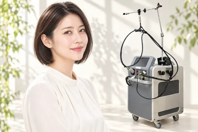 レーザー機器と白い服の女性モデル