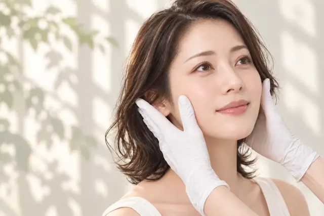 マッサージピールの薬剤と白い服の女性モデル