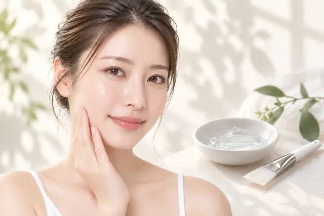 サリチル酸ピーリングの薬剤と女性モデル