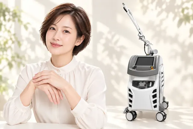 手を重ねた女性モデルとレーザー機器